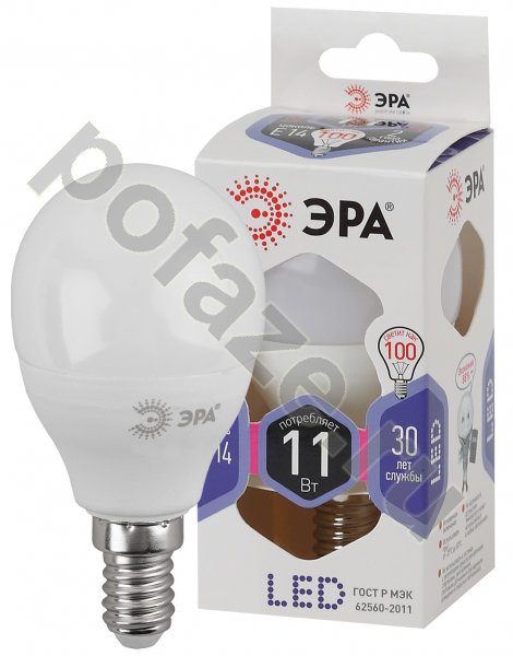 Лампа светодиодная LED шарообразная ЭРА d45мм E14 11Вт 270гр. 170-265В 6000К
