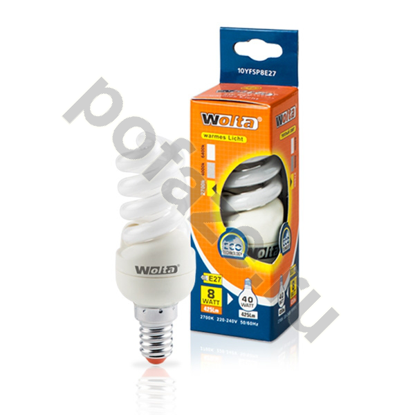 Лампа энергосберегающая спираль Wolta E14 8Вт 220-240В 3000К