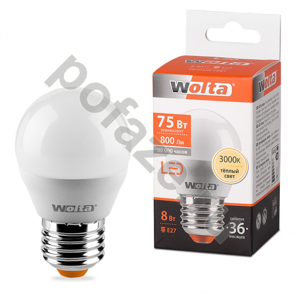 Лампа светодиодная LED шарообразная Wolta d45мм E27 8Вт 220-230В 3000К