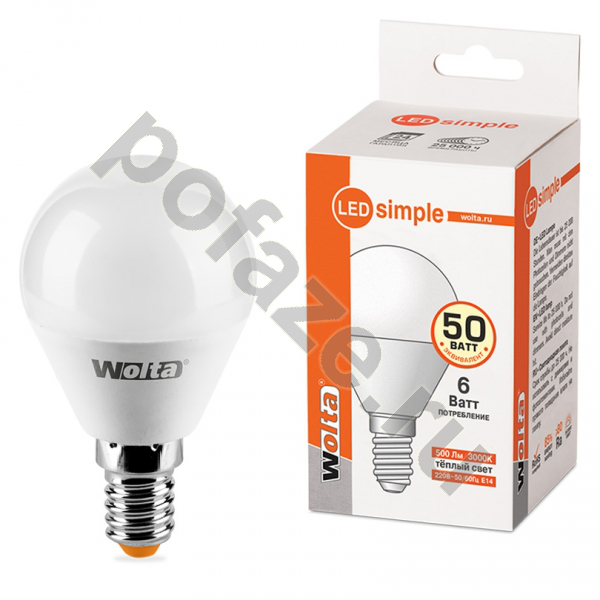 Лампа светодиодная LED грушевидная Wolta d45мм E14 6Вт 220-230В 3000К