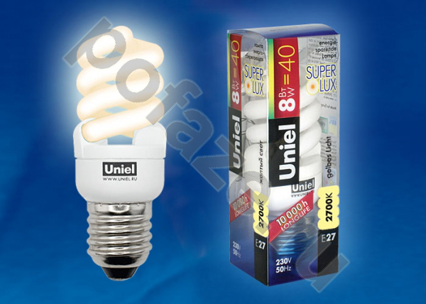 Лампа энергосберегающая спираль Uniel d32мм E27 8Вт 220-240В