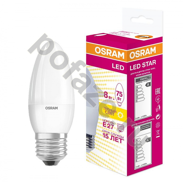 Лампа светодиодная LED свеча Osram d39мм E27 8Вт 220-240В 3000К