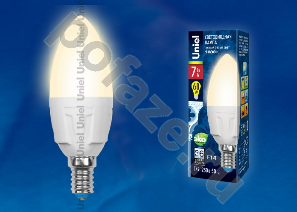 Лампа светодиодная LED свеча Uniel d37мм E14 7Вт 240гр. 175-250В 3000К