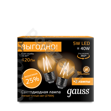 Лампа светодиодная LED шарообразная Gauss d45мм E27 5Вт 360гр. 150-265В 2700К