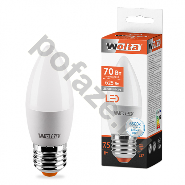 Лампа светодиодная LED свеча Wolta d37мм E27 7.5Вт 200гр. 220-240В 6500К