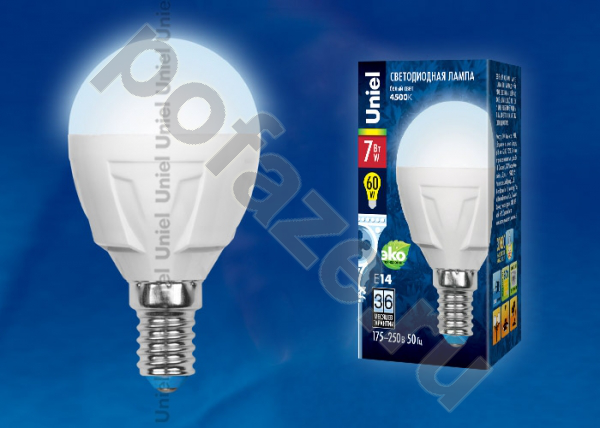 Лампа светодиодная LED шарообразная Uniel d45мм E14 7Вт 240гр. 175-250В 4000К