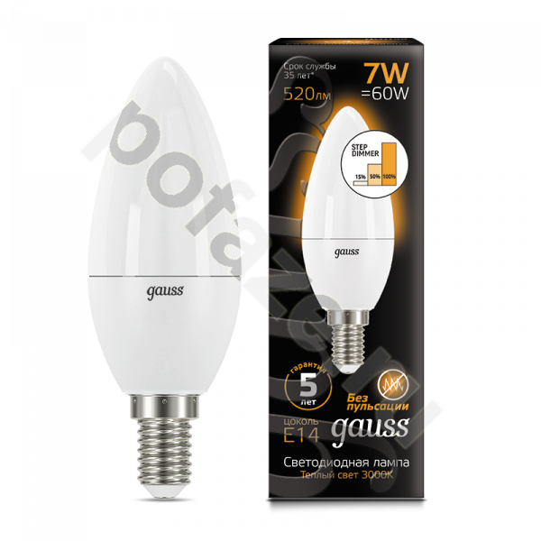 Лампа светодиодная LED свеча Gauss d38мм E14 7Вт 240гр. 220В 3000К
