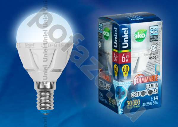 Лампа светодиодная LED шарообразная Uniel d45мм E14 6Вт 240гр. 220-230В