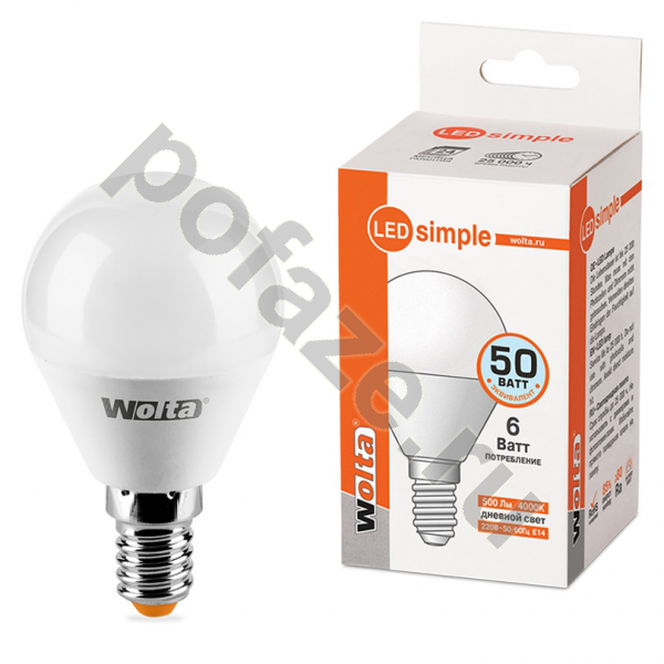 Лампа светодиодная LED грушевидная Wolta d45мм E14 6Вт 220-230В 4000К