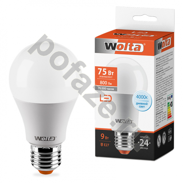Лампа светодиодная LED шарообразная Wolta d60мм E27 9Вт 240гр. 220-240В 4000К