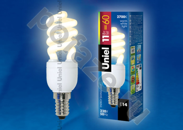 Лампа энергосберегающая спираль Uniel d30мм E14 11Вт 220-230В