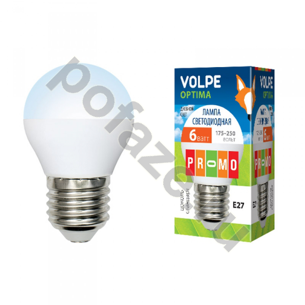 Лампа светодиодная LED шарообразная Volpe d45мм E27 6Вт 240гр. 200-250В 6000К