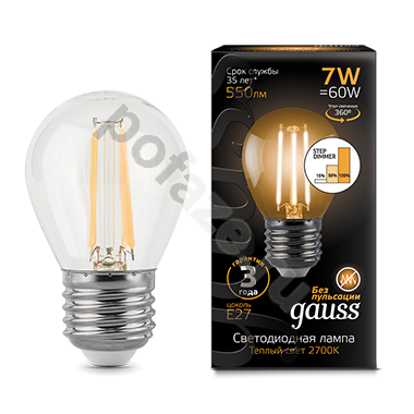 Лампа светодиодная LED шарообразная Gauss d45мм E27 7Вт 360гр. 185-265В 2700К