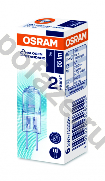 Лампа галогенная капсульная Osram d10мм G4 5Вт 12В 2700К