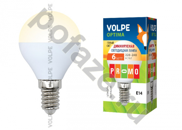 Лампа светодиодная LED шарообразная Volpe d45мм E14 6Вт 240гр. 40-250В