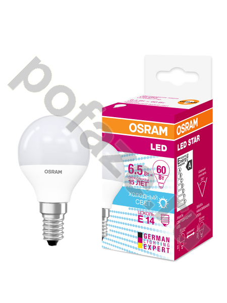 Лампа светодиодная LED шарообразная Osram d45мм E14 6.5Вт 200гр. 220-240В 4000К