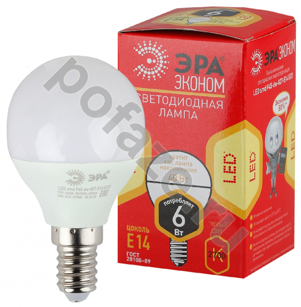 Лампа светодиодная LED шарообразная ЭРА d45мм E14 6Вт 270гр. 220-240В 2700К