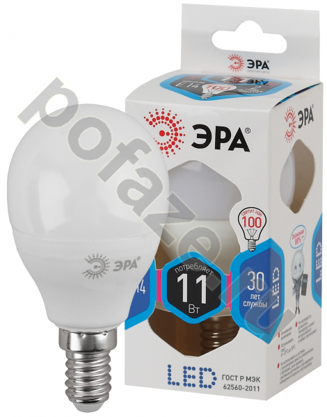 Лампа светодиодная LED шарообразная ЭРА d45мм E14 11Вт 270гр. 170-265В 4000К