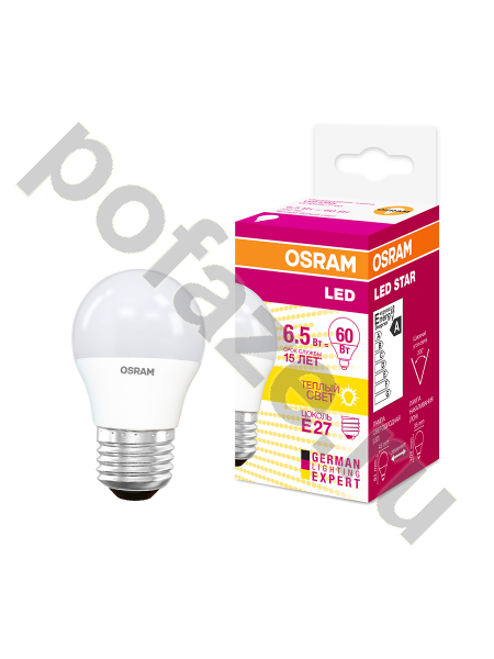 Лампа светодиодная LED шарообразная Osram d45мм E27 6.5Вт 200гр. 220-240В 3000К