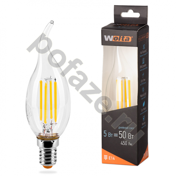 Лампа светодиодная LED свеча витая на ветру Wolta E14 5Вт 300гр. 220-240В 4000К