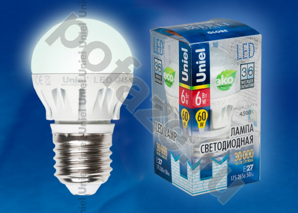 Лампа светодиодная LED шарообразная Uniel d45мм E27 6Вт 240гр. 220-230В