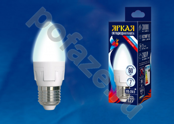 Лампа светодиодная LED свеча Uniel d37мм E27 7Вт 240гр. 175-250В 4000К