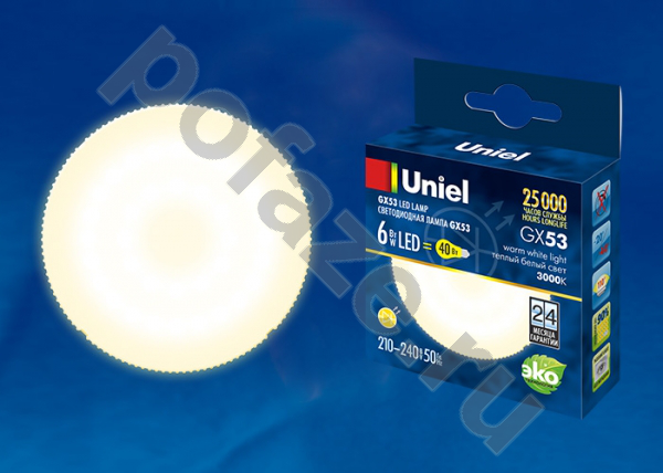 Лампа светодиодная LED таблетка Uniel d75мм GX53 6Вт 110гр. 210-240В 3000К