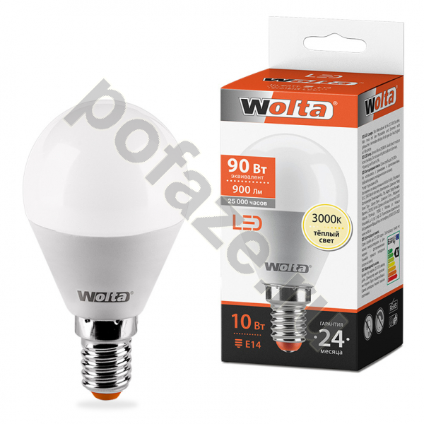 Лампа светодиодная LED шарообразная Wolta d45мм E14 10Вт 200гр. 220-240В 3000К