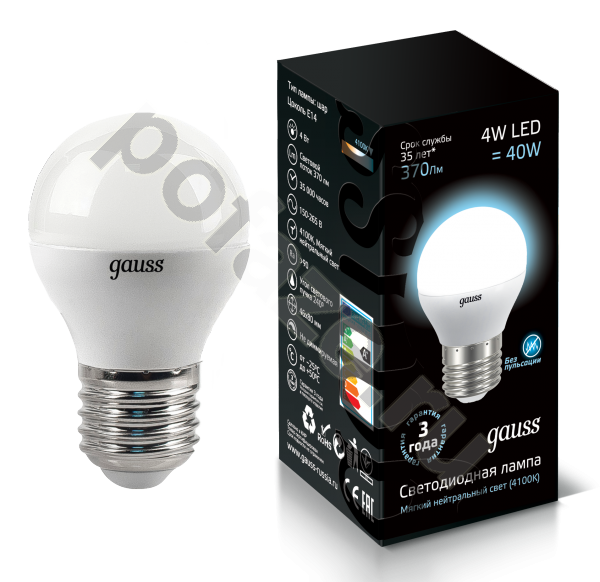 Лампа светодиодная LED шарообразная Gauss d48мм E27 4Вт 240гр. 220-240В