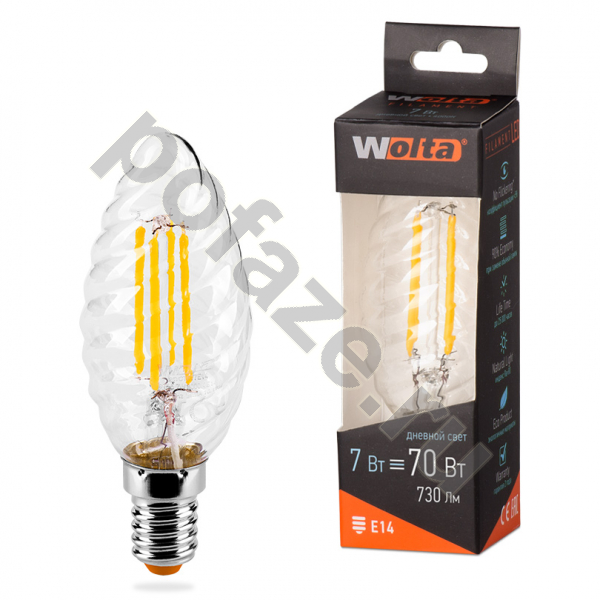 Лампа светодиодная LED свеча витая Wolta E14 7Вт 300гр. 220-240В 4000К