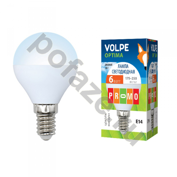 Лампа светодиодная LED шарообразная Volpe d45мм E14 6Вт 240гр. 200-250В 6000К