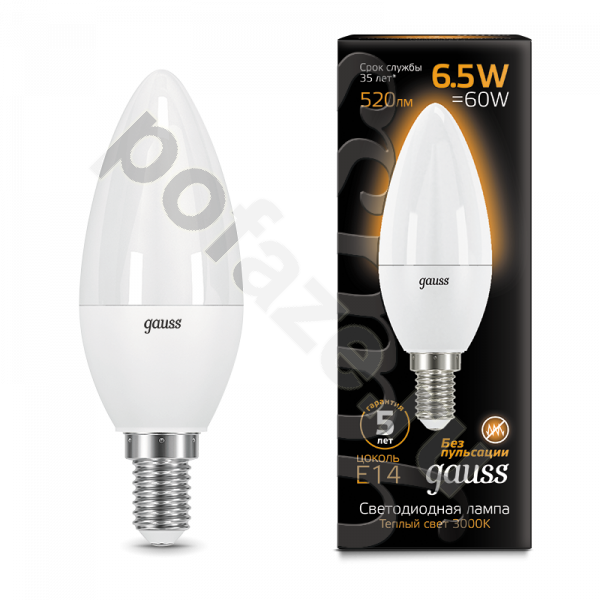 Лампа светодиодная LED свеча Gauss d35мм E14 6.5Вт 240гр. 150-265В 3000К