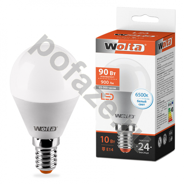 Лампа светодиодная LED шарообразная Wolta d45мм E14 10Вт 200гр. 220-240В 6500К