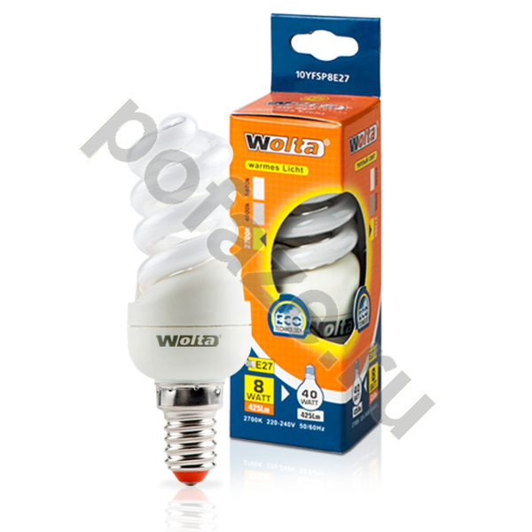 Лампа энергосберегающая спираль Wolta E14 8Вт 220-240В 4000К