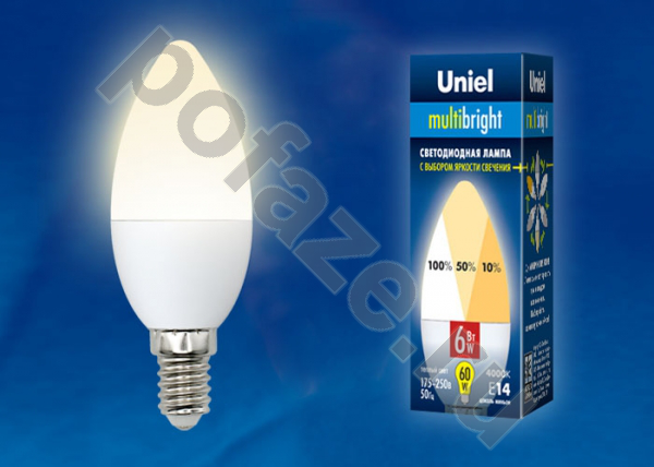 Лампа светодиодная LED свеча Uniel d37мм E14 6Вт 240гр. 175-250В 3000К