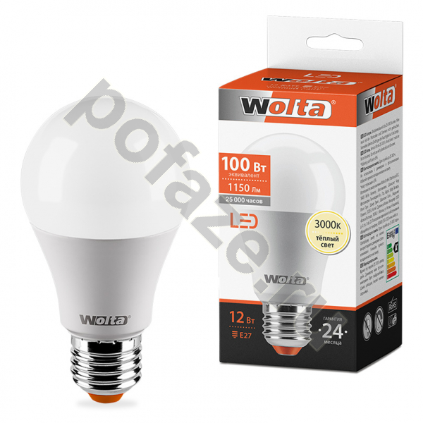Лампа светодиодная LED грушевидная Wolta d60мм E27 12Вт 200гр. 220-240В 3000К