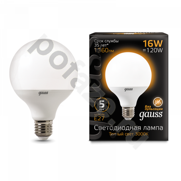 Лампа светодиодная LED шарообразная Gauss d95мм E27 16Вт 240гр. 150-265В 3000К