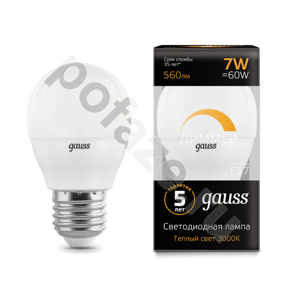 Лампа светодиодная LED шарообразная Gauss d45мм E27 7Вт 240гр. 150-265В 3000К