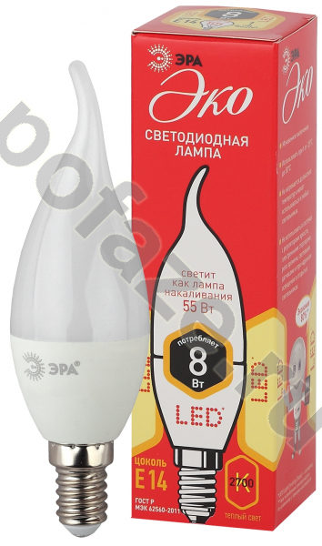 Лампа светодиодная LED свеча ЭРА d37мм E14 8Вт 100гр. 220-240В 2700К