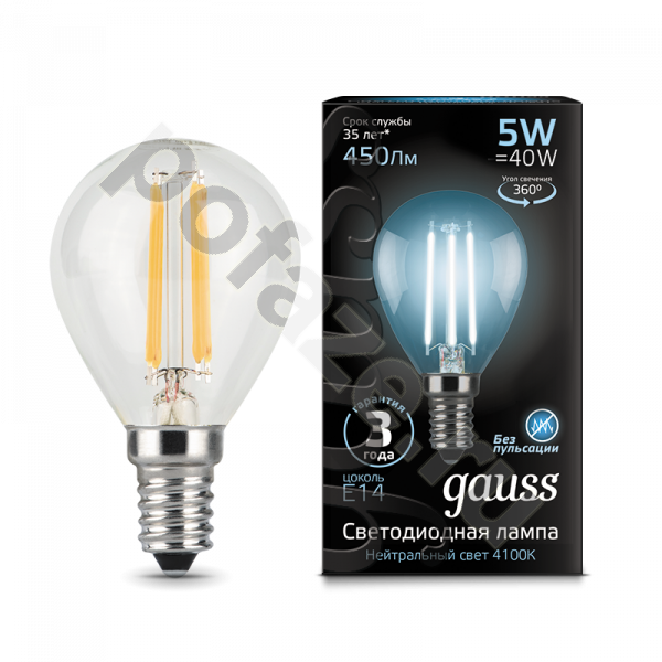 Лампа светодиодная LED шарообразная Gauss d45мм E14 5Вт 360гр. 185-265В 4100К