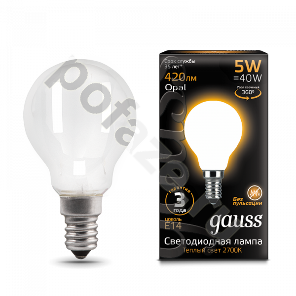 Лампа светодиодная LED шарообразная Gauss d45мм E14 5Вт 360гр. 150-265В 2700К