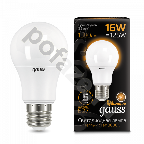 Лампа светодиодная LED грушевидная Gauss d60мм E27 16Вт 240гр. 150-265В 3000К