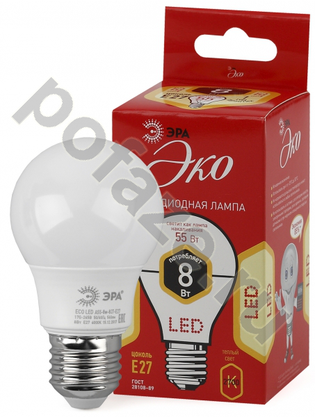 Лампа светодиодная LED грушевидная ЭРА d55мм E27 8Вт 230гр. 220-240В 2700К