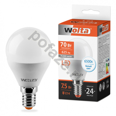 Лампа светодиодная LED шарообразная Wolta d45мм E14 7.5Вт 200гр. 220-240В 6500К