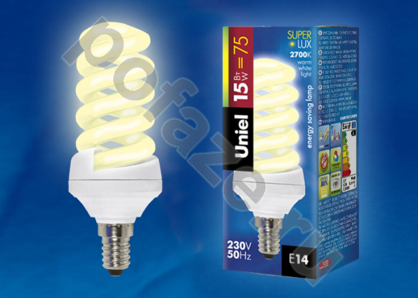 Лампа энергосберегающая спираль Uniel d43мм E14 15Вт 220-240В