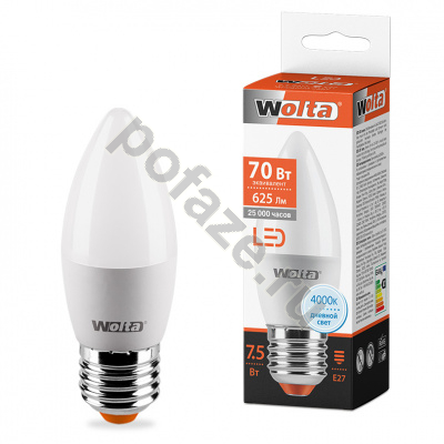 Лампа светодиодная LED свеча Wolta d37мм E27 7.5Вт 200гр. 220-240В 4000К