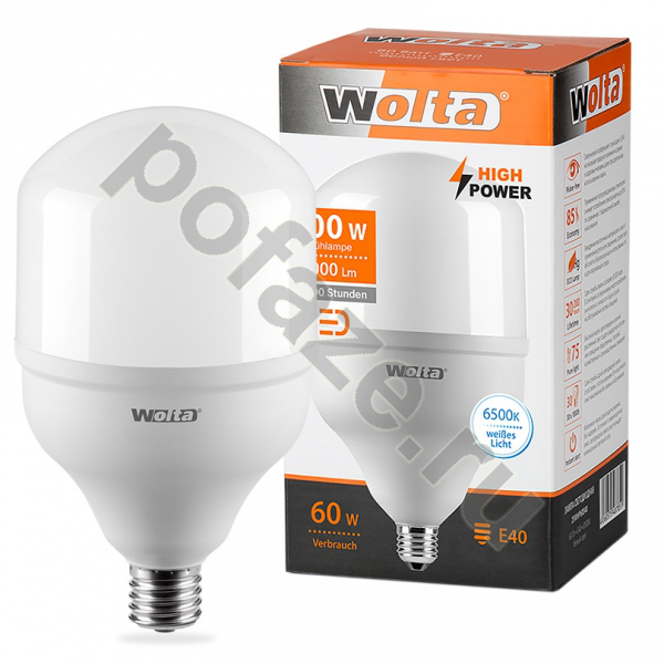 Лампа светодиодная LED цилиндрическая Wolta E40 60Вт 200гр. 220-230В 6500К
