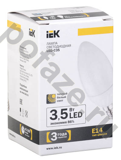 Лампа светодиодная LED свеча IEK d37мм E14 3.5Вт 230В 3000К