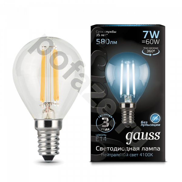 Лампа светодиодная LED шарообразная Gauss d45мм E14 7Вт 360гр. 150-265В 4100К