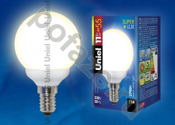 Лампа энергосберегающая шарообразная Uniel d52мм E14 11Вт 220-240В